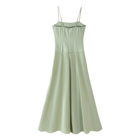 Damen Elegantes Satin Midikleid Hellgrün Verstellbare Dünne Träger Rückenfrei A-Linie Party Sommerurlaub Tailliertes Kleid