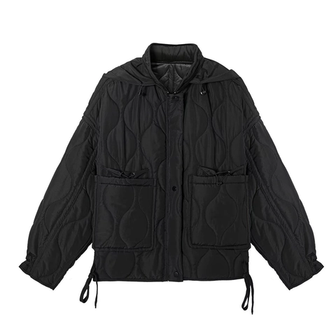 Damen Casual Wellen Gesteppte Kapuzenjacke Leichtgewicht Polyester Wattierte Oberbekleidung Mit Taschen Und Kordelzug