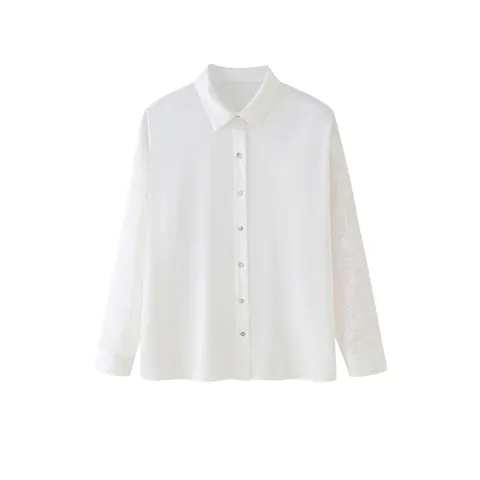 Camicia in Lino Donna con Maniche Ricamate Bianca Blusa Manica Lunga Traforata Ricamo Floreale Monopetto Top Casual