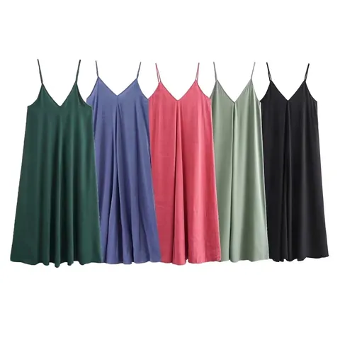 Dames V-hals Spaghettibandjes Satin Maxi Jurk Zomer Casual Effen Kleur A-lijn Soepele Cami Jurk Voor Vakantie Feest Sieraden