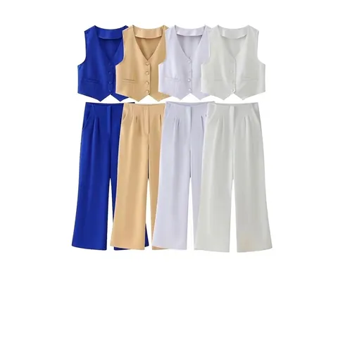 Women Sleeveless V Neck Vest And High Waisted Wide Leg Pants Office Commute Solid Color Elegant Top Trousers Clothing