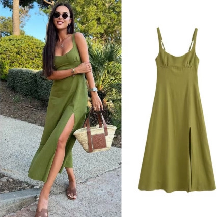 Women's Summer Slip Maxi Dress Polyester Linen Texture Side Slit Square Neck Casual Beach Party Sleeveless Long Dress