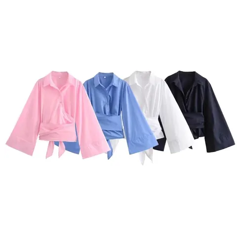Women's Summer Lapel V-Neck Wrap Tie Waist Poplin Shirt Short Loose Oversized Bell Sleeve Blouse Office Lady Casual Top