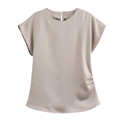 Women Elegant Satin Ruched Cap Sleeve Top And High Waist Wide Leg Long Pants Solid Color Casual Commute Elegant Clothing