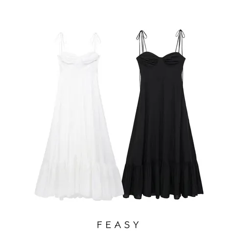 Women Poplin Layered Maxi Dress 2024 Summer Ruffle Hem Sling Sleeveless A-Line Casual Elegant Vacation Party Long Dress