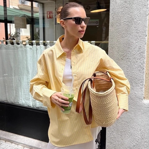 Women's Casual Striped Button Down Shirt Oversized Long Sleeve Blouse Office Lady Polyester Spring Fashion Loose Tops