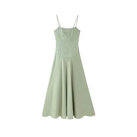 Damen Elegantes Satin Midikleid Hellgrün Verstellbare Dünne Träger Rückenfrei A-Linie Party Sommerurlaub Tailliertes Kleid