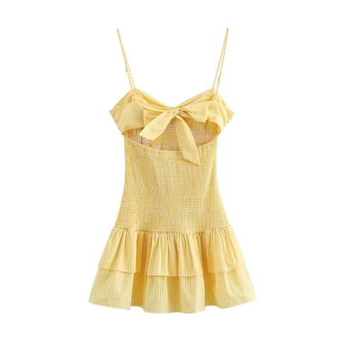 Yellow Gingham Smocked Mini Dress With Spaghetti Straps Bow Front And Tiered Ruffle Hem Summer Backless Sundress For Women