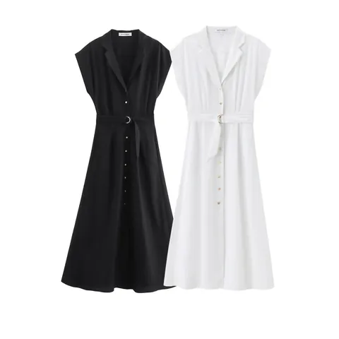 Women Summer Linen Blend Sleeveless Shirt Dress With Belt Elegant V Neck Single Breasted A-Line Solid Color Maxi Dress