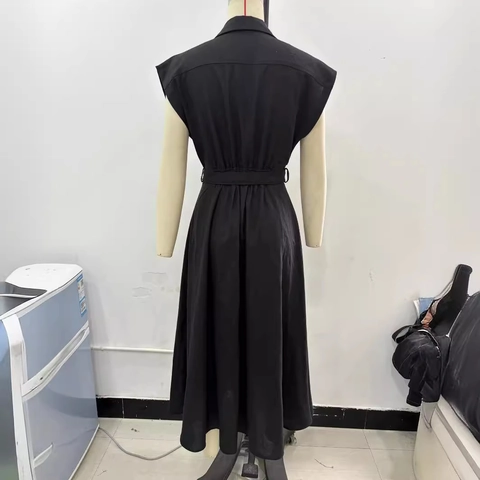 Women Summer Linen Blend Sleeveless Shirt Dress With Belt Elegant V Neck Single Breasted A-Line Solid Color Maxi Dress