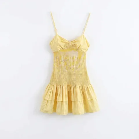 Robe Courte Vichy pour Femmes Col en V Nœud et Bretelles Fines Smocks Ligne A Volants Robe de Vacances d'Été Plage