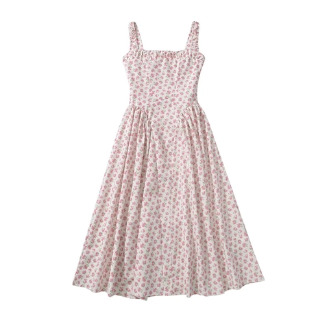 Women Summer Floral Print Midi Sundress Square Neck Ruffle Sleeveless A-Line Cottagecore Vacation Beach Dress For Ladies