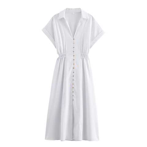 Damen Casual Leinenmischung Hemdkleid Kurzarm Geknöpft Maxi Kleid Hohe Taille Gesmokt A-Linie Sommer Elegant Langes Kleid