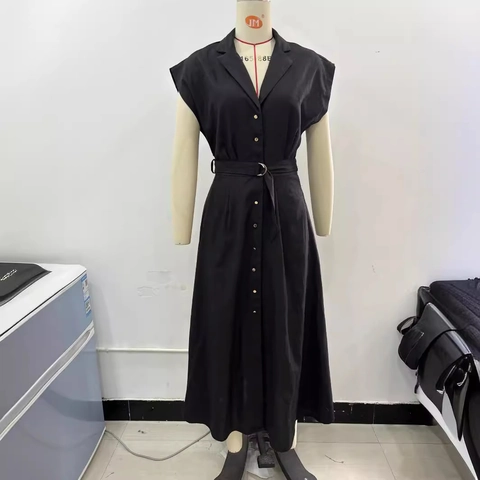 Women Summer Linen Blend Sleeveless Shirt Dress With Belt Elegant V Neck Single Breasted A-Line Solid Color Maxi Dress