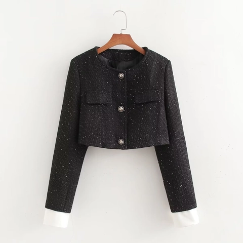 Conjunto de Dos Piezas Elegante de Tweed para Mujer Chaqueta Corta de Cuello Redondo con Lentejuelas y Pantalones de Pierna Ancha