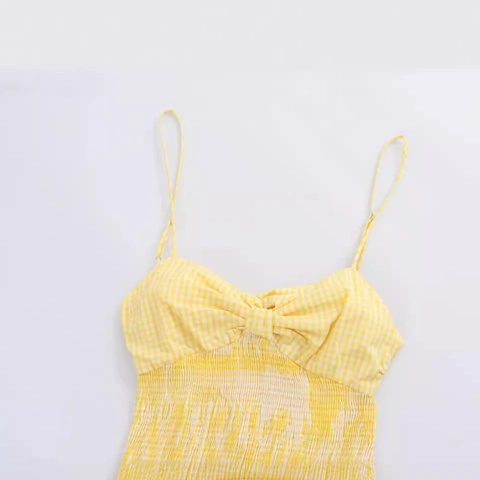 Robe Courte Vichy pour Femmes Col en V Nœud et Bretelles Fines Smocks Ligne A Volants Robe de Vacances d'Été Plage