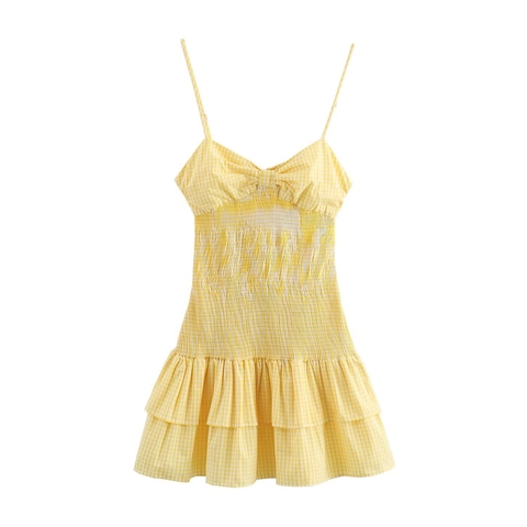 Yellow Gingham Smocked Mini Dress With Spaghetti Straps Bow Front And Tiered Ruffle Hem Summer Backless Sundress For Women