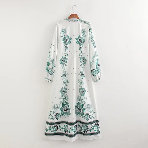 Damen Maxi-Kleid im Boho-Stil mit Blumenmuster V-Ausschnitt Langarm Sommer Casual Einreihig Urlaub A-Linie Partykleid