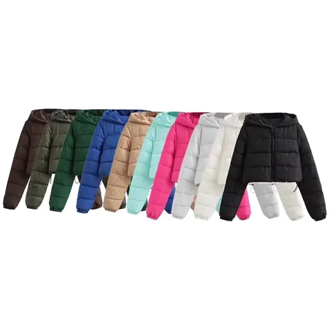Damen Casual Kurz Kapuzen Pufferjacke Cropped Gesteppte Wattierte Mantel Langarm Warm Winddichte Puffer Oberbekleidung