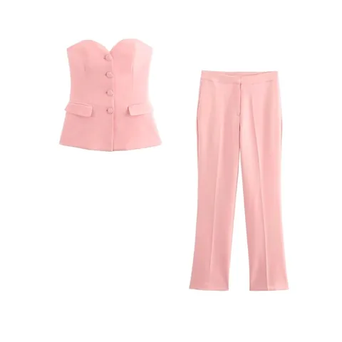 Women Elegant Pink Tube Top And High Waist Wide Leg Pants Suit Sexy Sweetheart Neckline Sleeveless Vest Trousers Outfit