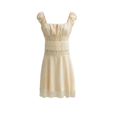 French Retro Beige Lace Patchwork Mini Dress Elegant Square Neck Puff Sleeve Chiffon Summer Vestido For Women Daily