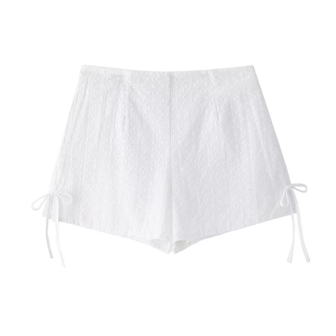 Damen Weiß Lochstickerei Langarm Schößchen Top Und Hohe Taille Shorts Elegant Ausschnitt Schnürung Sommer Outfit
