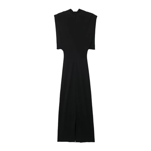 Women Elegant Black Sleeveless Knit Maxi Dress Shoulder Pads Waist Cut-Out Semi-High Neck Slim Fit Party Evening Long Dress