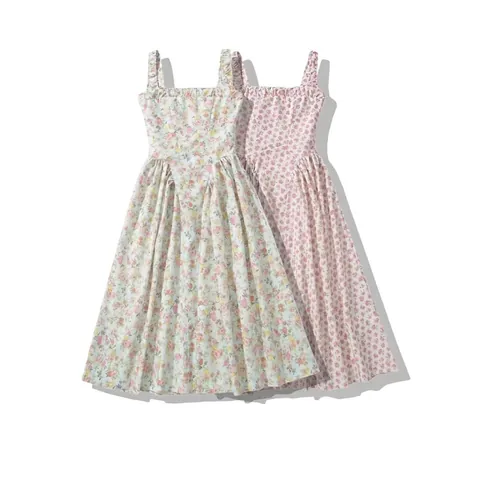 Women Summer Floral Print Midi Sundress Square Neck Ruffle Sleeveless A-Line Cottagecore Vacation Beach Dress For Ladies