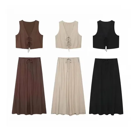 Women Casual V Neck Tie Up Vest Top And High Waist Crinkled A-Line Long Skirt Outfits Textured Sleeveless Blouse And Maxi Skirt