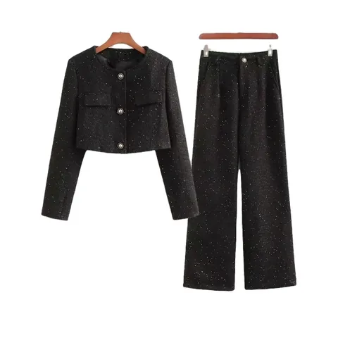 Conjunto de Dos Piezas Elegante de Tweed para Mujer Chaqueta Corta de Cuello Redondo con Lentejuelas y Pantalones de Pierna Ancha
