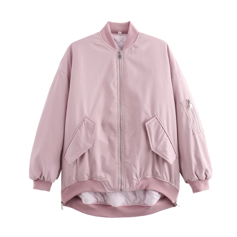 Chaqueta Bomber Holgada para Mujer MA-1 Abrigo Acolchado Antiviento Color Sólido Manga Larga con Cremallera Top Casual