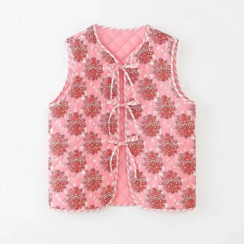 Damen Vintage Blumendruck Gesteppte Weste Rosa V-Ausschnitt Schnürung Ärmellos Gilet Leichte Warme Wattierte Weste Herbst Mode