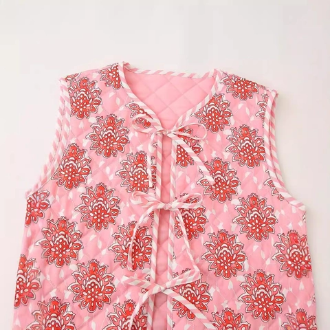 Damen Vintage Blumendruck Gesteppte Weste Rosa V-Ausschnitt Schnürung Ärmellos Gilet Leichte Warme Wattierte Weste Herbst Mode