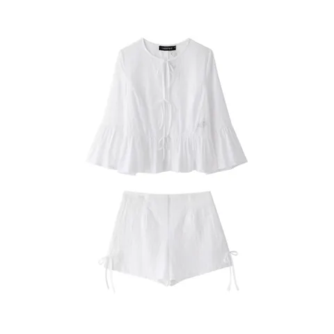 Damen Weiß Lochstickerei Langarm Schößchen Top Und Hohe Taille Shorts Elegant Ausschnitt Schnürung Sommer Outfit