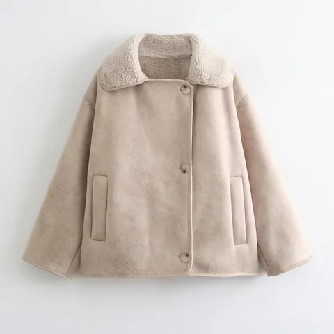 Women Casual Faux Suede Sherpa Jacket Lapel Button Down Warm Fleece Coat Streetwear Solid Color Outerwear For Autumn Winter