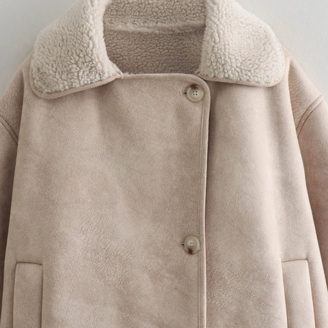 Women Casual Faux Suede Sherpa Jacket Lapel Button Down Warm Fleece Coat Streetwear Solid Color Outerwear For Autumn Winter