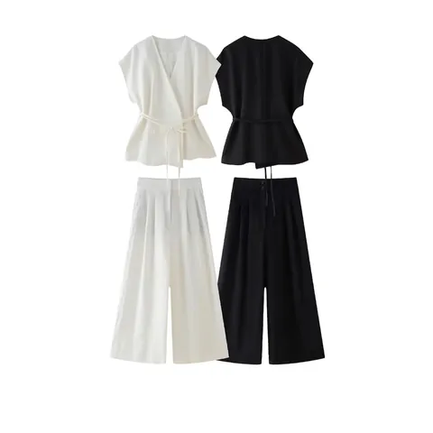 Damen Sommer Leinenmischung Minimalistisch V-Ausschnitt Ärmellos Wickel-Top Und Hohe Taille Weites Bein Hose Streetwear Outfit