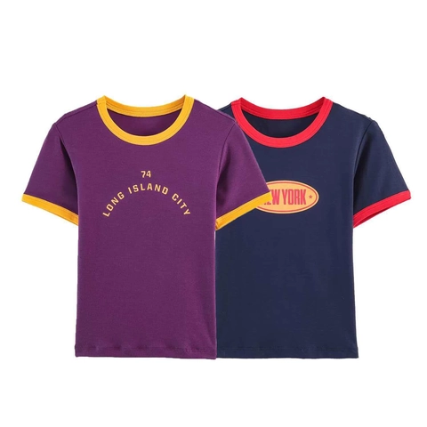 Camiseta de Mujer Casual de Manga Corta Verano Color de Contraste Cuello Redondo Estampado de Letras Ringer Tee Tops Deportivos Vintage
