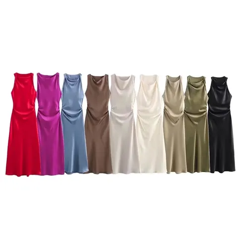 Damen Elegant Satin Midi Kleid Wasserfallausschnitt Gerafft Ärmellos Slim Fit Sommer Einfarbig Polyester Satin Kleid