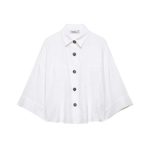 Damen Casual Lose Weißes Hemd Fledermausärmel Übergroße Bluse Mit Großen Knöpfen Tasche Umlegekragen Pendler Top