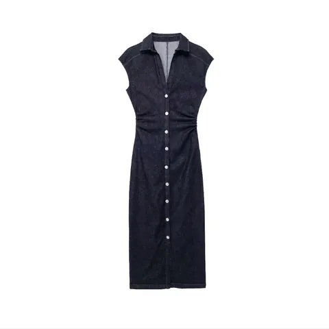 Women Casual Denim Midi Maxi Dress Sleeveless Long Sleeve Shirt Collar Single Breasted Pleated Waist Washed Dark Blue Jeans Dress