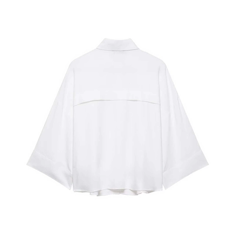 Damen Casual Lose Weißes Hemd Fledermausärmel Übergroße Bluse Mit Großen Knöpfen Tasche Umlegekragen Pendler Top