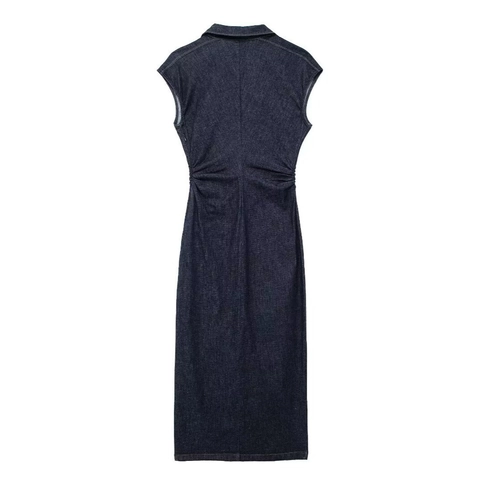 Women Casual Denim Midi Maxi Dress Sleeveless Long Sleeve Shirt Collar Single Breasted Pleated Waist Washed Dark Blue Jeans Dress