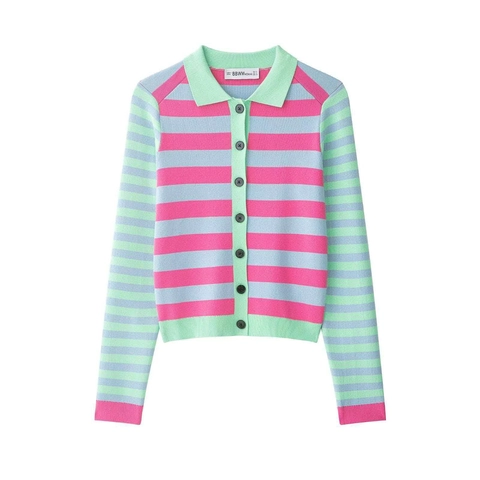 Dames Casual Kleurrijk Gebreid Vest Met Strepen Losse Lange Mouw Knoopsluiting Trui Top Voor Herfst Lente