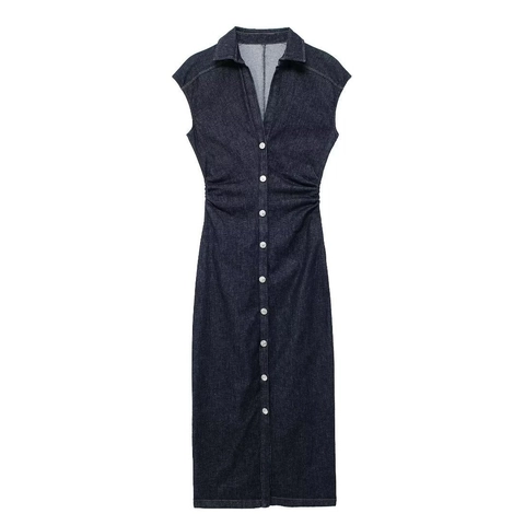 Women Casual Denim V Neck Midi Dress Sleeveless Long Sleeve Button Up Shirt Dress Ruched Waist Slim Fit Indigo Fashion