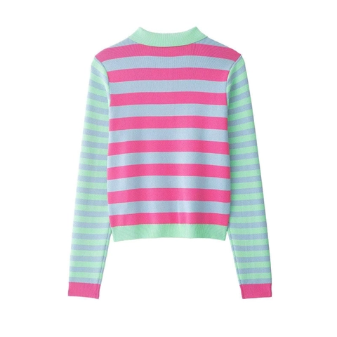 Dames Casual Kleurrijk Gebreid Vest Met Strepen Losse Lange Mouw Knoopsluiting Trui Top Voor Herfst Lente