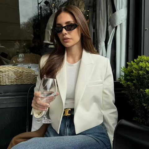 Women Fashion Cropped Blazer Jacket Casual Long Sleeve Lapel Collar Open Front Short Suit Coat Office Lady Streetwear Street Style Coat