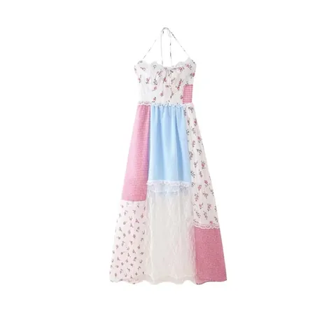 Γυναικείο Φόρεμα Maxi Halter Φλοράλ Patchwork Εξώπλατο Δαντελωτό Τελείωμα Μποέμ Αγροτικό Στυλ Καλοκαιρινό Αμάνικο Φόρεμα