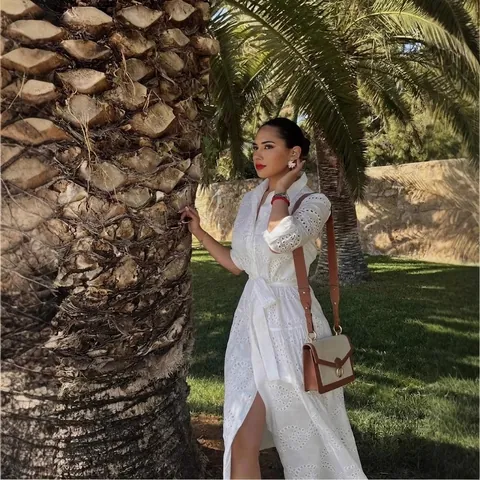 Damen Elegant Weiß Ösenstickerei Midi Kleid Hemdkragen Langarm Knopfleiste A-Linie Urlaubskleid Mit Gürtel