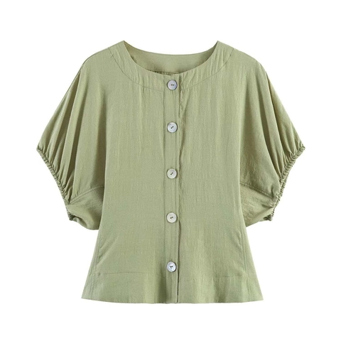 Blusa Elegante de Mujer con Manga Abullonada y Botones Casual Cuello Redondo Color Sólido Camisa de Verano Top Verde Salvia